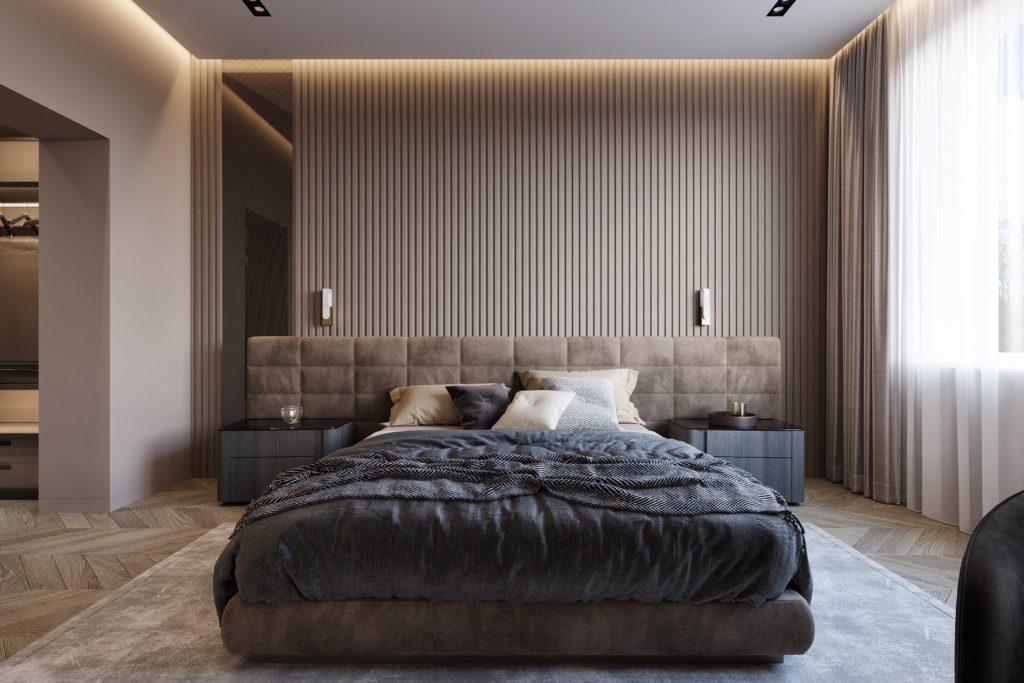 Luxury master bedroom with down ceiling lights, walk-in closet, modern and minimalist design, neutral color palette, and luxurious touch