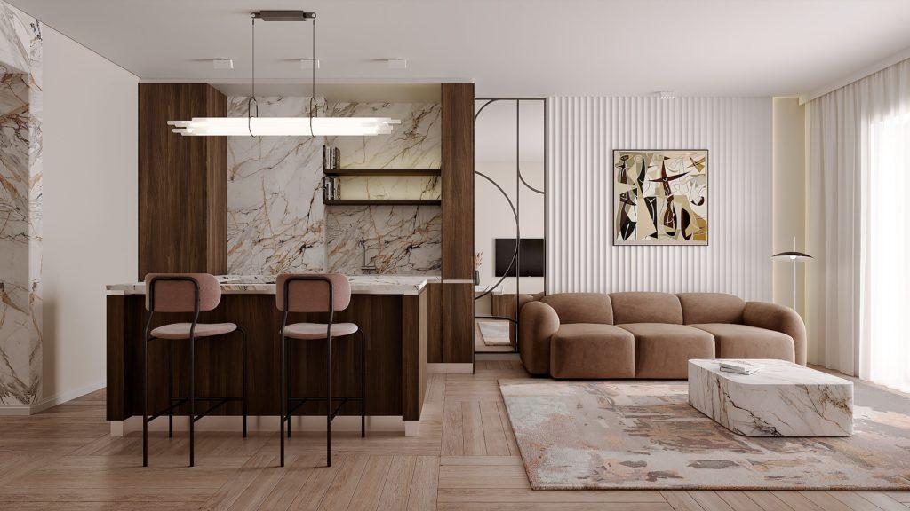 A living room in a townhouse property flooded with natural light, with walls covered in reddish white marble. The modern furniture and neutral color scheme provide a sense of balance and harmony.
