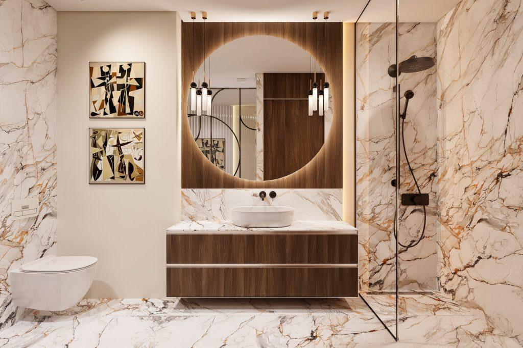 Luxury washroom with reddish-white wall marble, contemporary design, clean lines, neutral color palette, luxurious touch, and high-end fixtures and finishes.