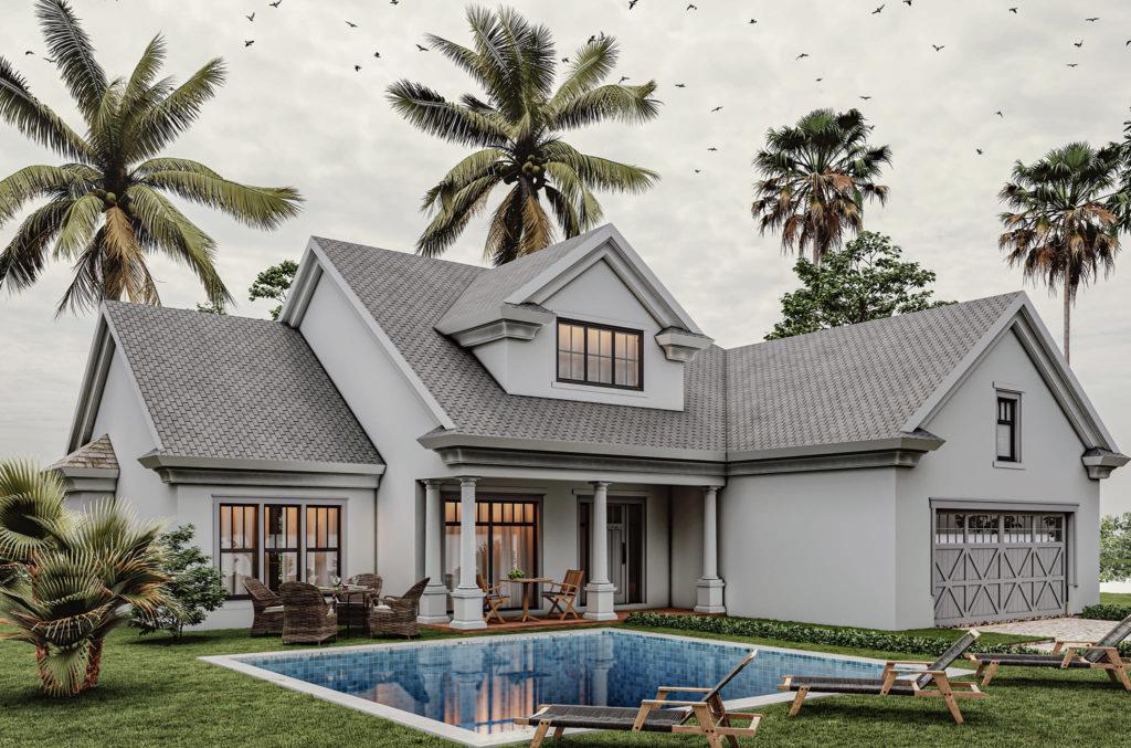Stunning private property with large pool in front yard, well-manicured lawn, landscaping, and spacious outdoor seating area.