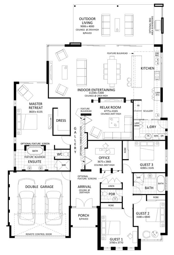 An architectural floor plan of a duplex with outdoor seating. The ground floor features an open-plan living and dining area, kitchen with breakfast bar, and guest bedroom with en-suite bathroom. The upper level includes a master bedroom with en-suite bathroom and walk-in closet, two additional bedrooms, and a shared bathroom.