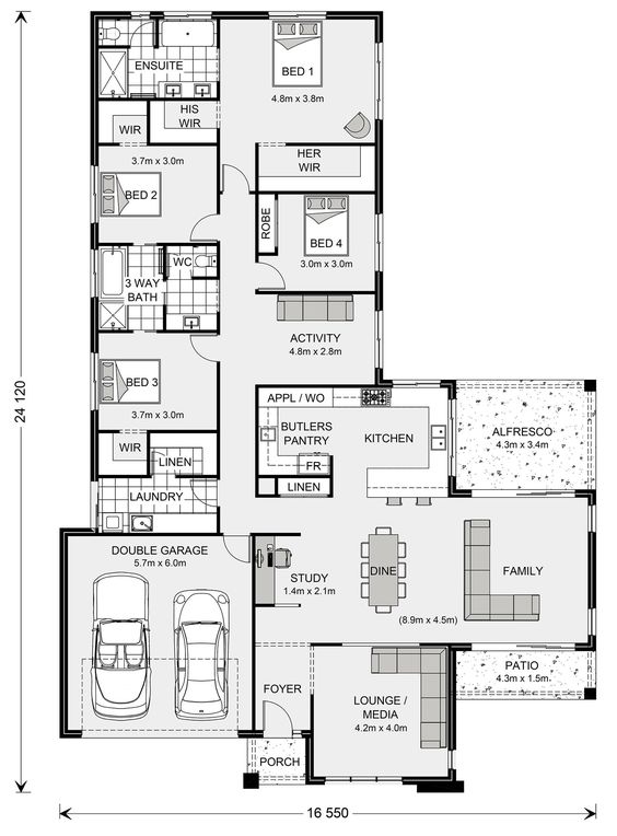 A 4 bedroom townhouse floor plan drawing showcasing a spacious and functional layout with an open-plan living and dining area, kitchen with breakfast bar, guest bedroom, and bathrooms on the ground floor. The upper level features a master bedroom with en-suite bathroom and two additional bedrooms with a shared bathroom.