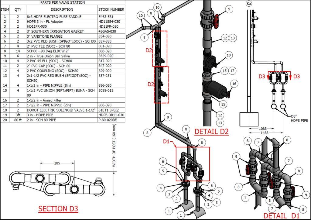 Assembly drawing of an irrigation system with detailed components and callouts for installation