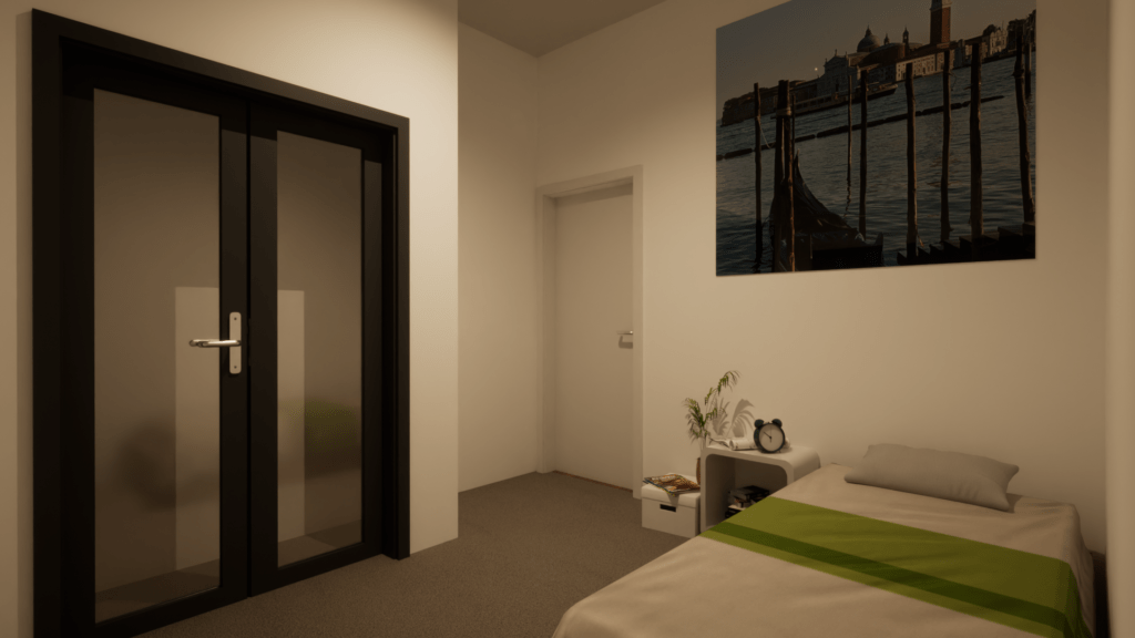 A minimalistic bedroom in a basement with warm ambiance featuring a comfortable bed, bedside table, and soft linens in a neutral color palette.