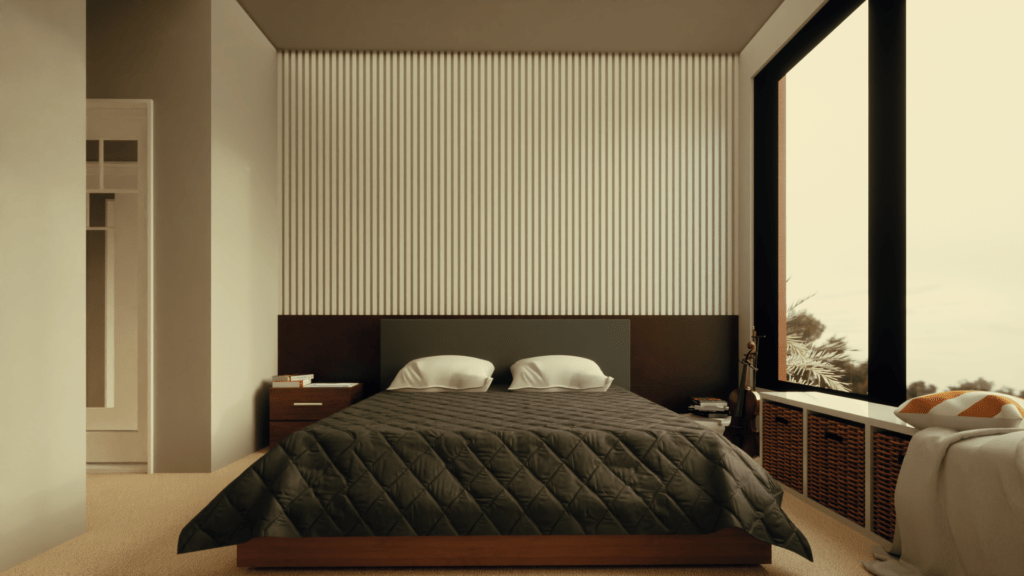 Apartment master bedroom with large windows, contemporary design, clean lines, neutral color palette, sophisticated and elegant ambiance, and plenty of natural light.
