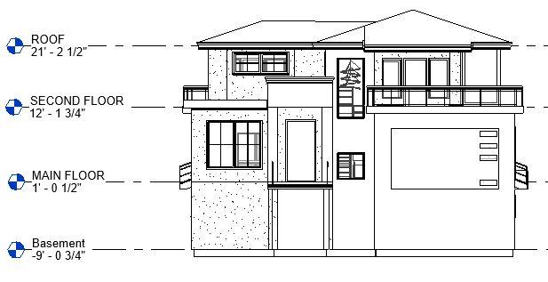 Detailed elevation view of a house in Delta, BC with unique architectural features and design.