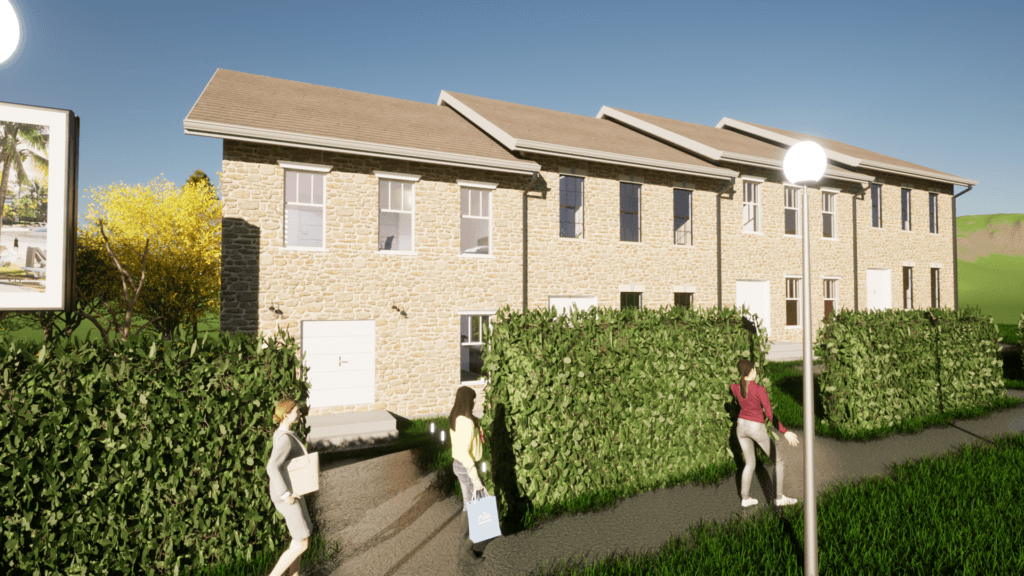 Charming townhouse complex with traditional architecture, contemporary touch, communal outdoor area, and parking facilities.
