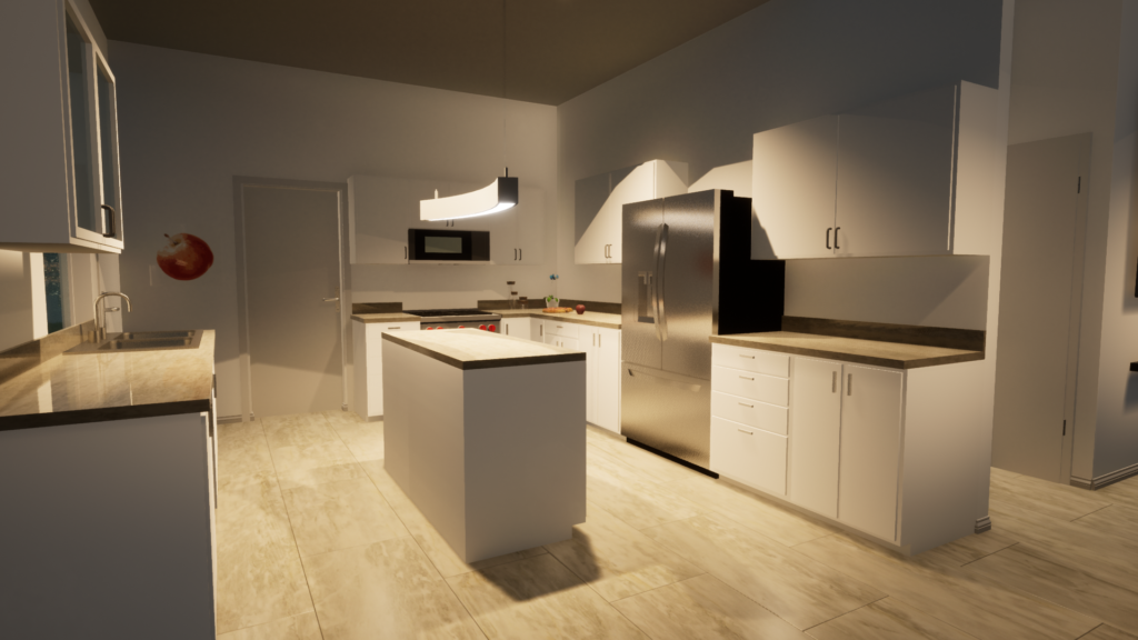 Standard kitchen in a single dwelling house with built-in kitchen appliances, classic design, ample counter space and storage, modern touch, and warm and inviting atmosphere.