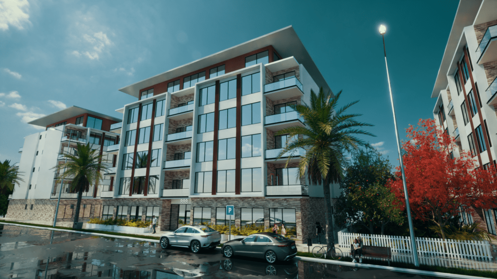 Luxurious condo complex with modern design, large windows, swimming pool, gym, and outdoor recreation areas.