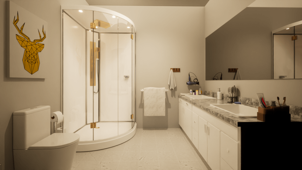Washroom of master bedroom in apartment with warm lighting, standing shower, modern and minimalist design, neutral color palette, and luxurious touch.