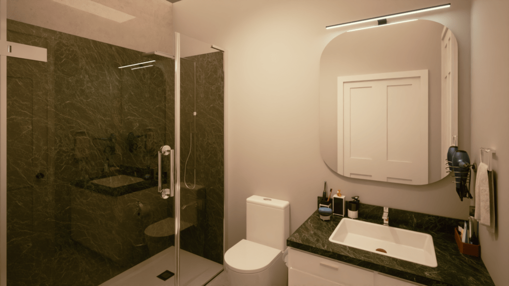 Shared washroom in a condominium, modern design, clean lines, neutral color palette, functional and convenient space, and high-end fixtures and finishes.