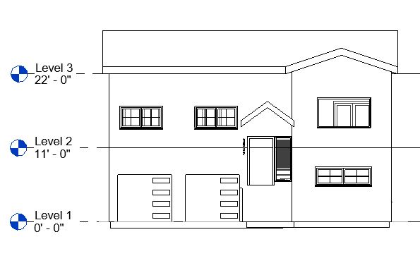 An elevation plan of a single dwelling house in North Vancouver, BC showcasing the exterior of the home. The design features a mix of traditional and modern elements, including a gable roof, large windows, and a covered porch.