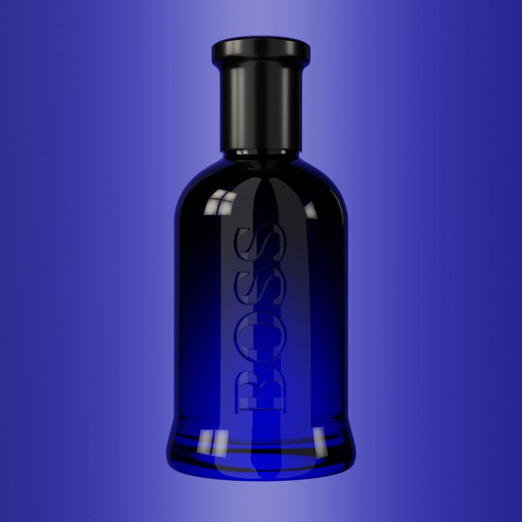 Rendering of a dark blue shade Boss perfume for women with unique design and packaging