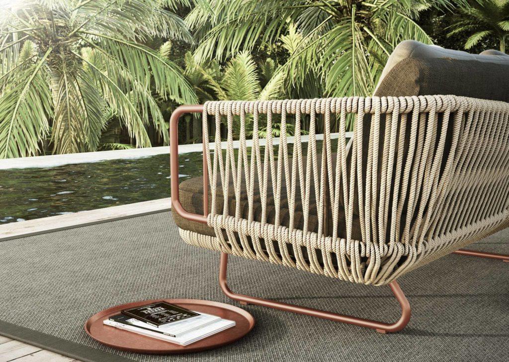 Rendering for a unique handwoven rope outdoor seating sofa with intricate design and materials.