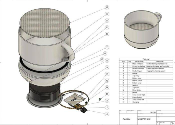 Assembly drawing of an electric coffee container with callouts for easy installation and use.