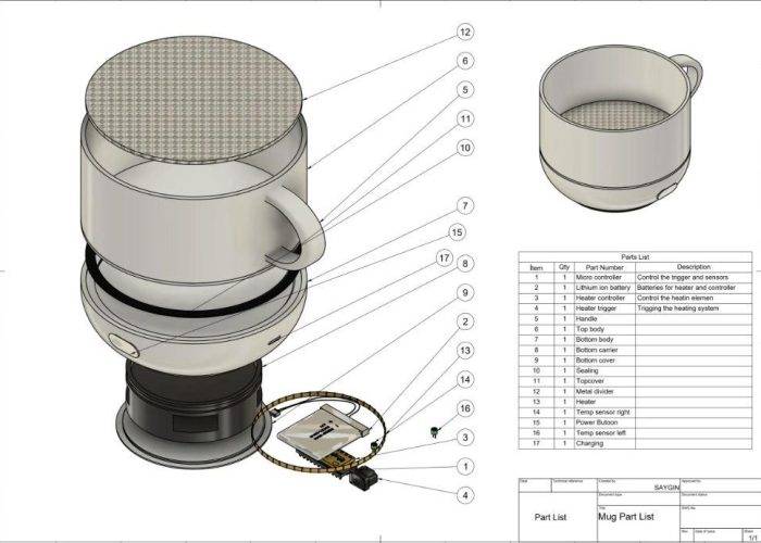 Assembly drawing Assembly drawing of an electric coffee container with callouts for easy installation and use.